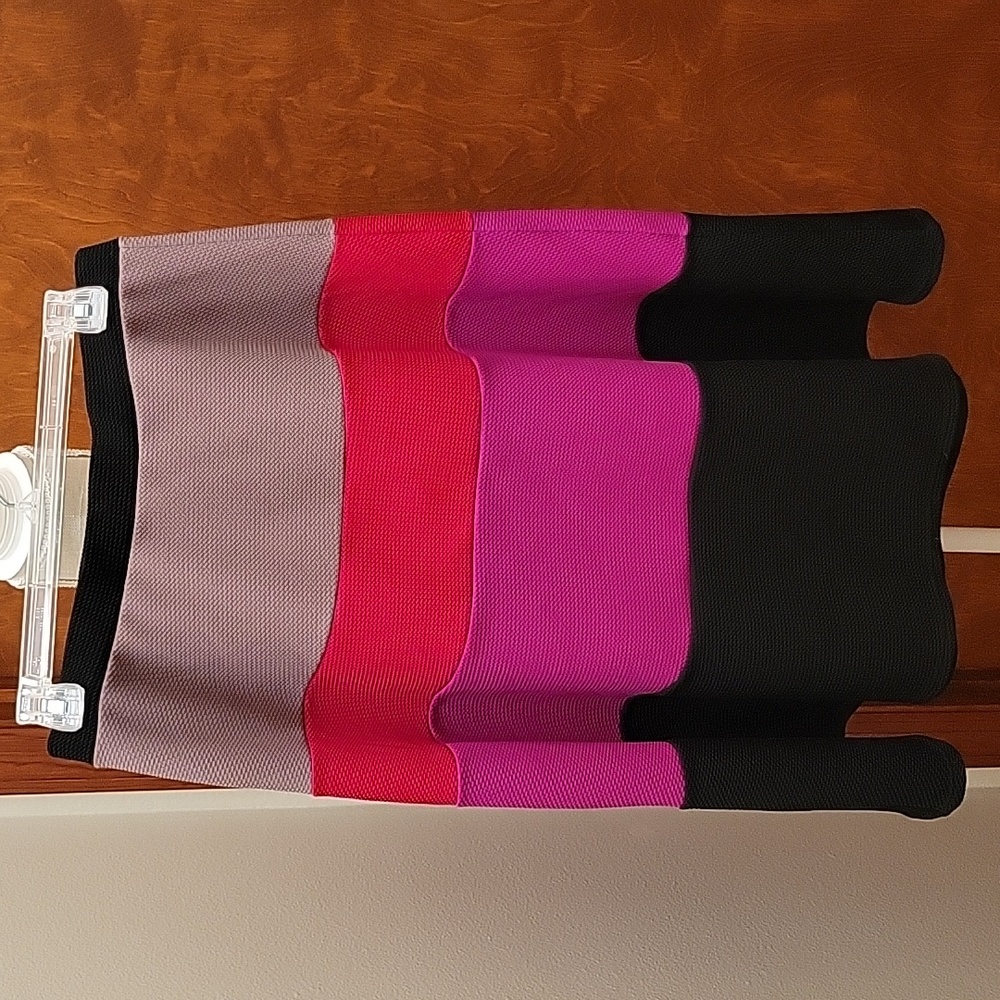 Rove & Roam | Fun Black Red Fuchsia Tan Colorblock Midi Skirt in size M